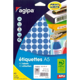 Etichete autocolante Agipa 114312, 96/A5, 15mm, permanente, rotund, albastru, top 10 coli (960 etichete)