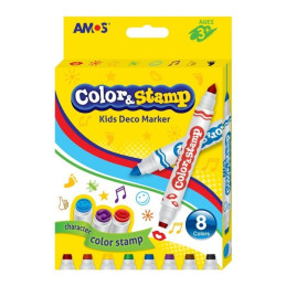 Carioci colorate Amos CS8P, 2 capete, 8 culori, cu stampile, blister carton