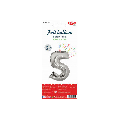 BALON FOLIE CIFRA 5 ARGINTIU 40 CM DACO BL405AG