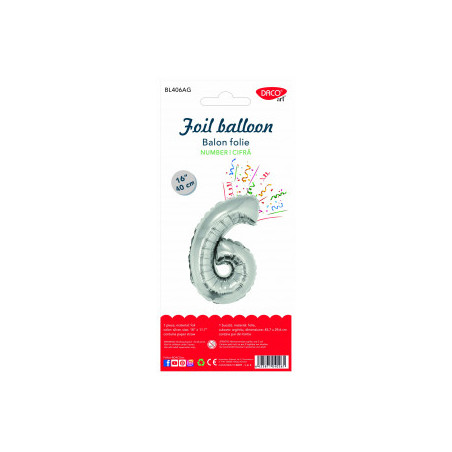 BALON FOLIE CIFRA 6 ARGINTIU 40 CM DACO BL406AG