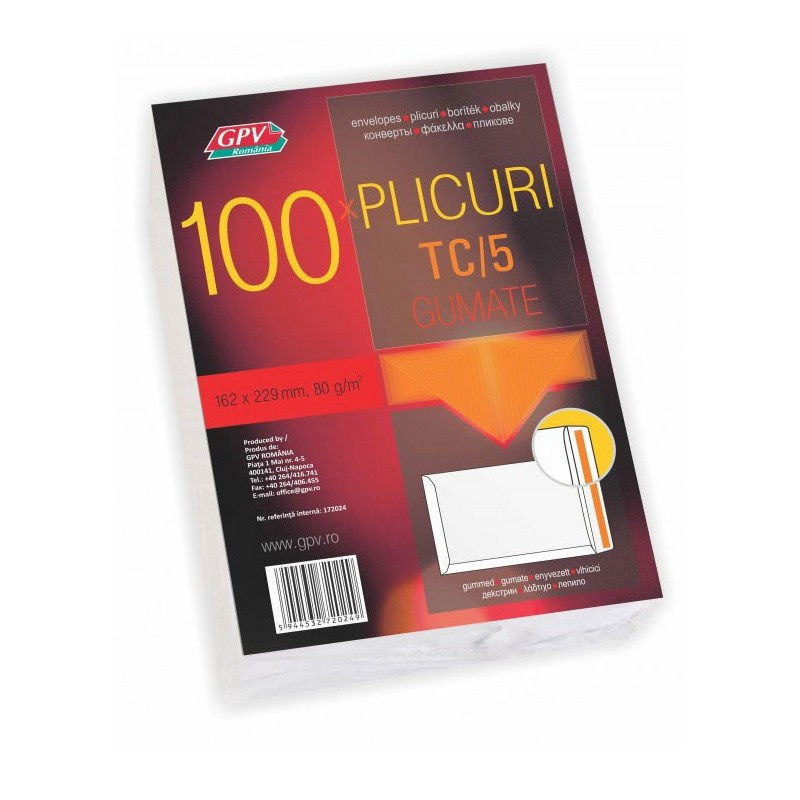 Plic standard C5T GPV 172024, alb, 80g/mp, 162x229mm, gumat, set 100 buc Plic standard C5T GPV 172024, alb, 80g/mp, 162x229mm, gumat, set 100 buc