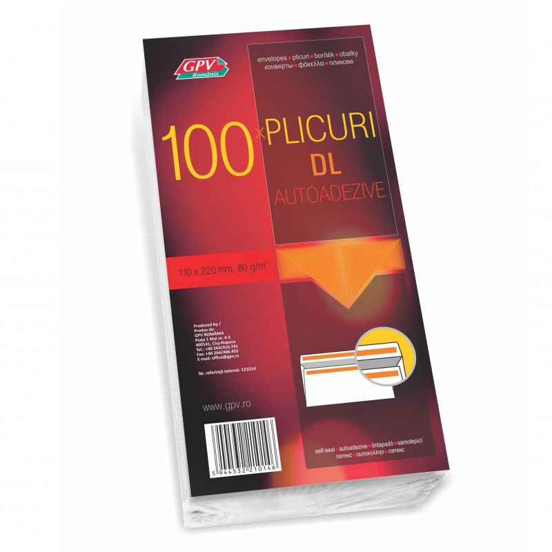 Plic standard DL GPV 121014, alb, 80g/mp, 110x220mm, autoadeziv, set 100 buc Plic standard DL GPV 121014, alb, 80g/mp, 110x220mm, autoadeziv, set 100 buc