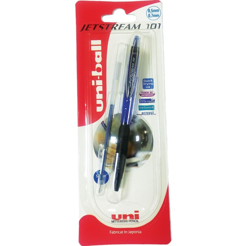 Pix Jetstream Uni-ball SXN-101, 0.7mm, cu mecanism, blister (pix + rezerva), scris albastru Pix Jetstream Uni-ball SXN-101, 0.7mm, cu mecanism, blister (pix + rezerva), scris albastru