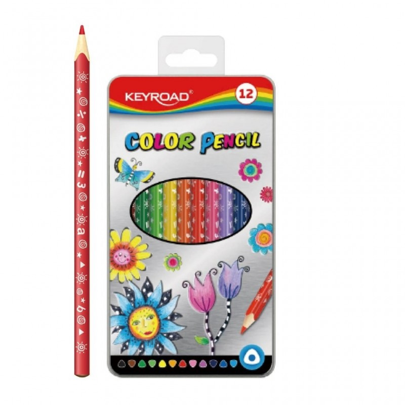 Creioane colorate Keyroad KR971450, triunghiulare, 12 culori, cutie metal Creioane colorate Keyroad KR971450, triunghiulare, 12 culori, cutie metal