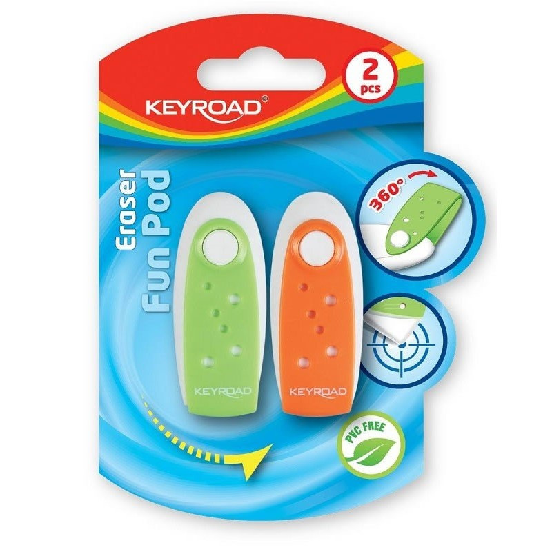 Radiera Keyroad FunPod KR970225, ovala, 56x22x13mm, diverse culori, rotativa, protectie plastic, blister 2 buc Radiera Keyroad FunPod KR970225, ovala, 56x22x13mm, diverse culori, rotativa, protectie plastic, blister 2 buc