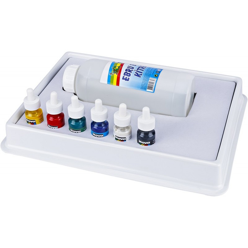 Set marmorizare EBRU, 6 culori, 4 pensule, 1 sula, 10 coli A4, tava, agent ingrosare, NovaColor, NC-239 Set marmorizare EBRU, 6 culori, 4 pensule, 1 sula, 10 coli A4, tava, agent ingrosare, NovaColor, NC-239