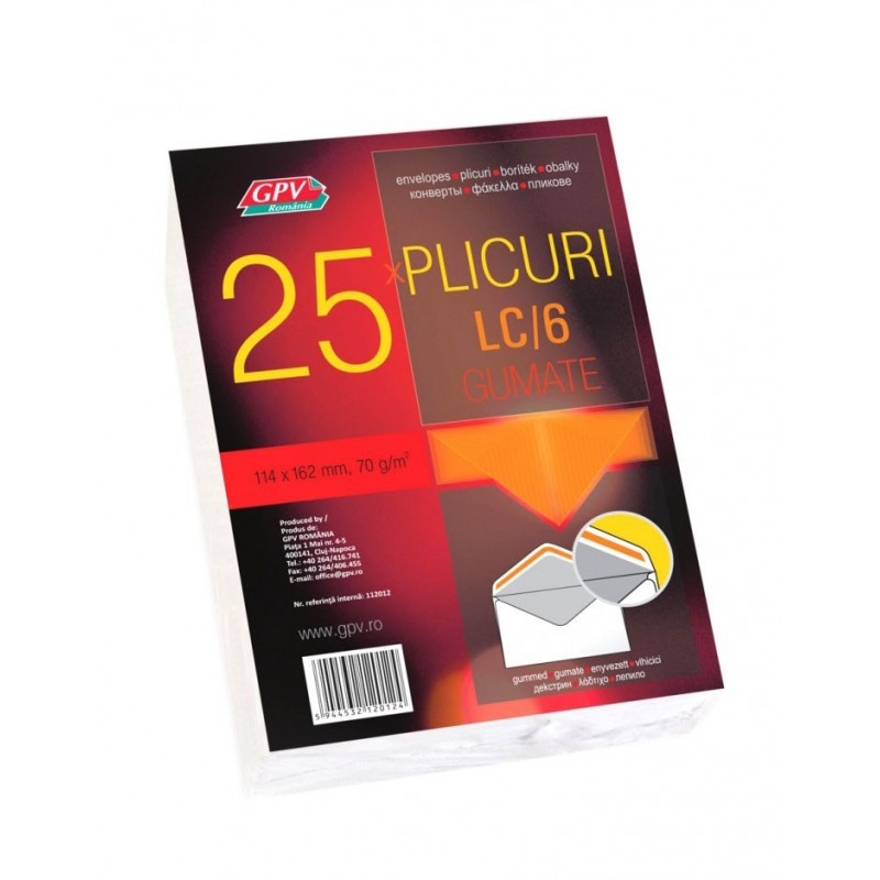 Plic standard C6L GPV 122012, alb, 70g/mp, 114x162mm, gumat, cu clapa V, set 25 buc Plic standard C6L GPV 122012, alb, 70g/mp, 114x162mm, gumat, cu clapa V, set 25 buc