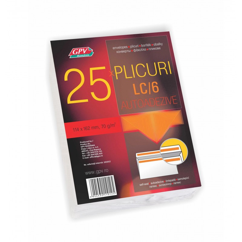 Plic standard C6L GPV 101012, alb, 70g/mp, 114x162mm, autoadeziv, cu clapa V, set 25 buc Plic standard C6L GPV 101012, alb, 70g/mp, 114x162mm, autoadeziv, cu clapa V, set 25 buc