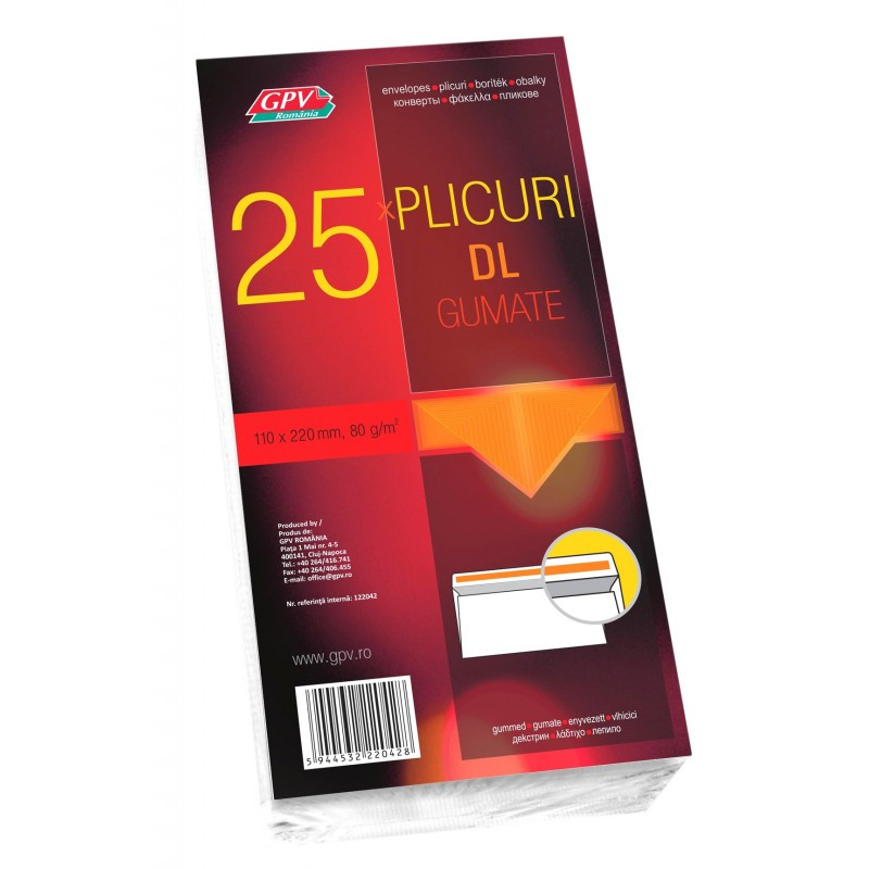 Plic standard DL GPV 132042, alb, 80g/mp, 110x220mm, gumat, set 25 buc Plic standard DL GPV 132042, alb, 80g/mp, 110x220mm, gumat, set 25 buc