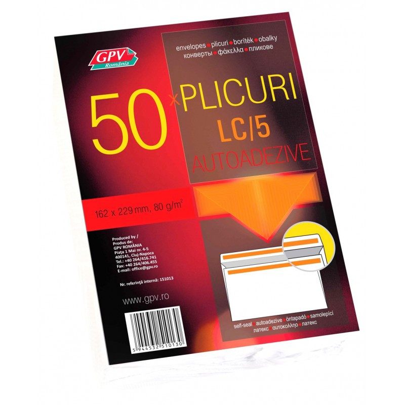 Plic standard C5L GPV 151013, alb, 80g/mp, 162x229mm, autoadeziv, set 50 buc Plic standard C5L GPV 151013, alb, 80g/mp, 162x229mm, autoadeziv, set 50 buc