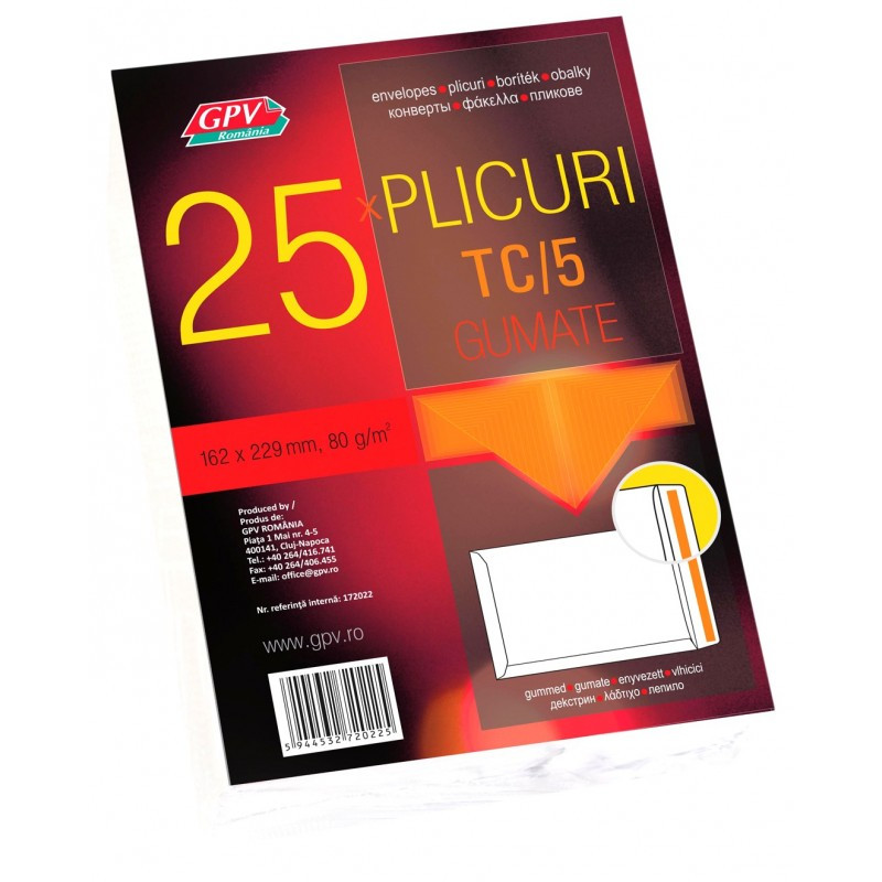 Plic standard C5T GPV 162022, alb, 80g/mp, 162x229mm, gumat, set 25 buc Plic standard C5T GPV 162022, alb, 80g/mp, 162x229mm, gumat, set 25 buc