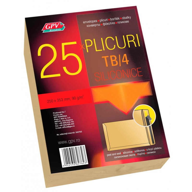 Plic standard B4T GPV 162762, kraft, 90g/mp, 250x353mm, siliconic, set 25 buc Plic standard B4T GPV 162762, kraft, 90g/mp, 250x353mm, siliconic, set 25 buc