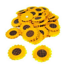 Decoratiune floarea soarelui realizata din lemn.  Are adeziv.  Dimensiuni : 4,7 cm